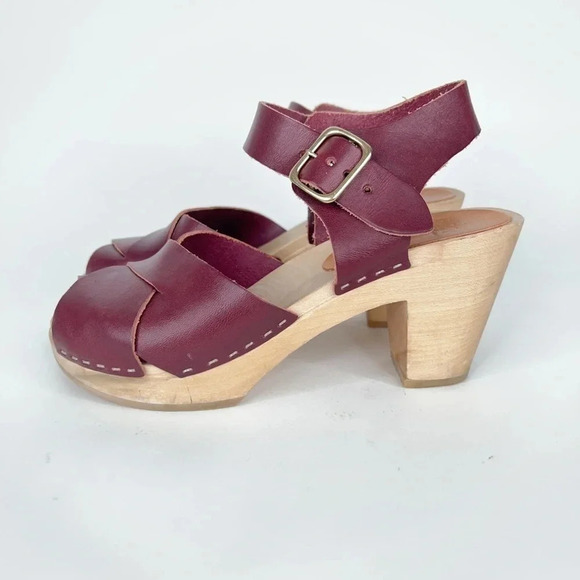 Bryr Emma Cross Toe High Heel Clogs Wine Burgundy One Buckle Peep Toe Size 36 - Picture 1 of 13